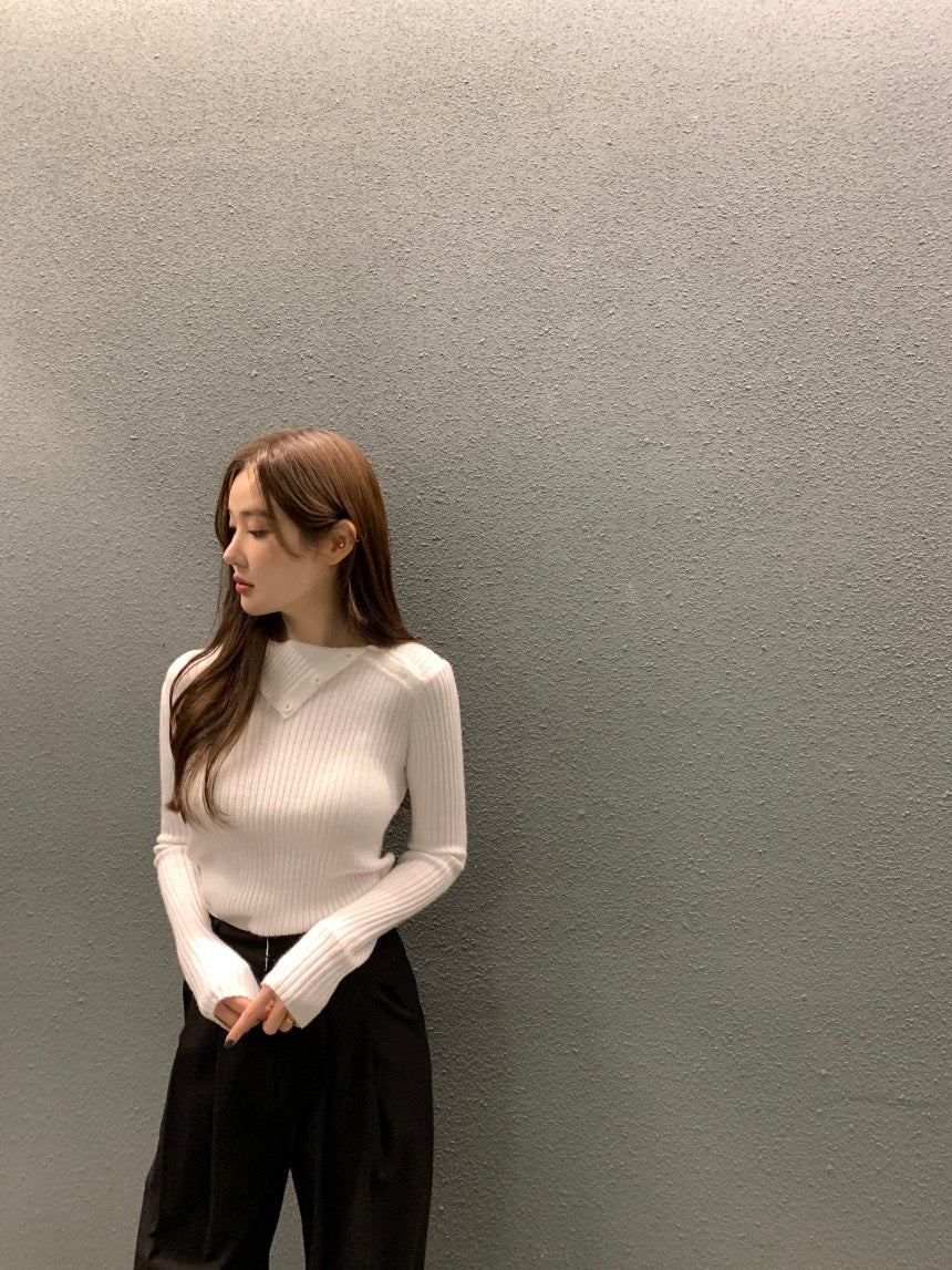 Irregular Neck Long Sleeve Knitted Top