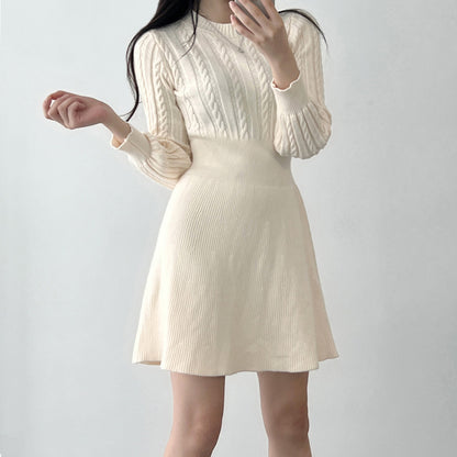 Round Neck Cable Knit Waist-Tie A-Line Dress