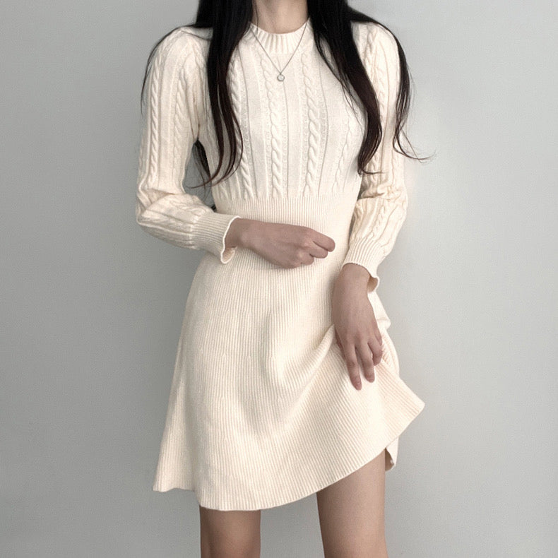 Round Neck Cable Knit Waist-Tie A-Line Dress