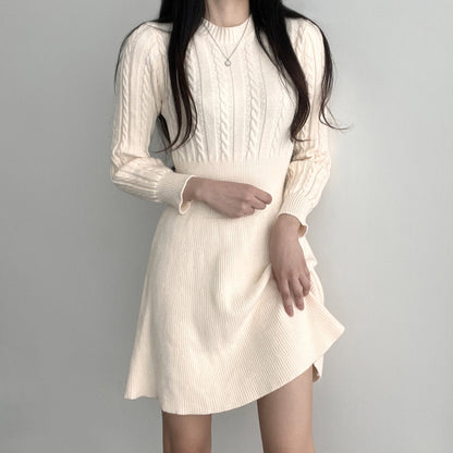 Round Neck Cable Knit Waist-Tie A-Line Dress