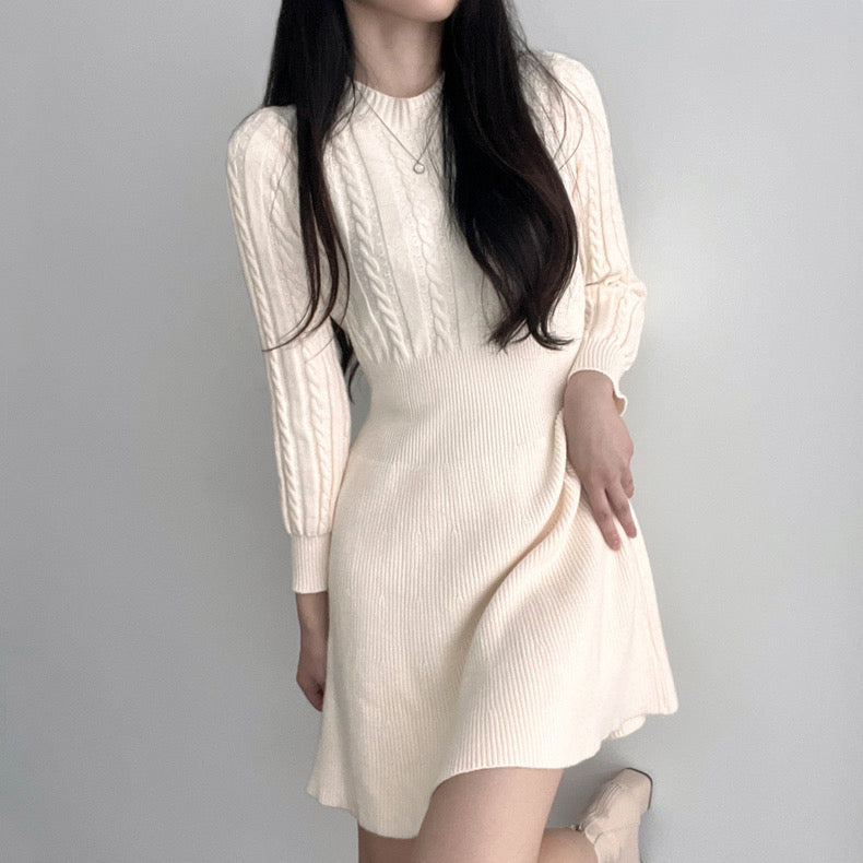 Round Neck Cable Knit Waist-Tie A-Line Dress