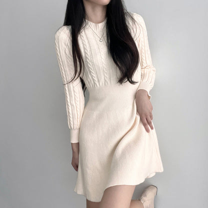 Round Neck Cable Knit Waist-Tie A-Line Dress