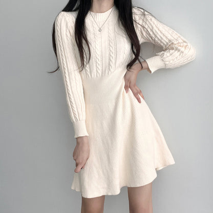 Round Neck Cable Knit Waist-Tie A-Line Dress