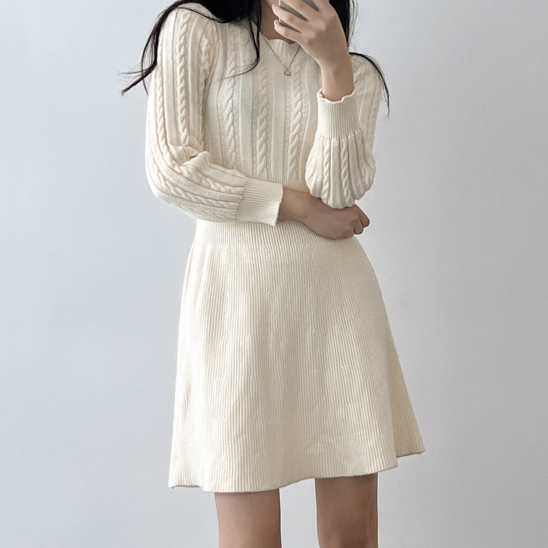 Round Neck Cable Knit Waist-Tie A-Line Dress