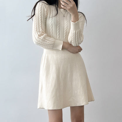 Round Neck Cable Knit Waist-Tie A-Line Dress