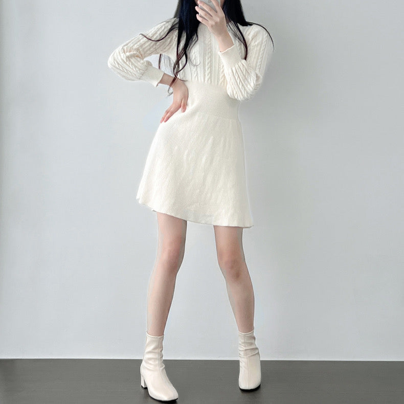 Round Neck Cable Knit Waist-Tie A-Line Dress
