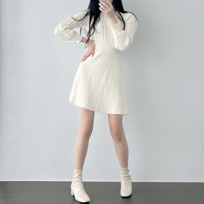 Round Neck Cable Knit Waist-Tie A-Line Dress
