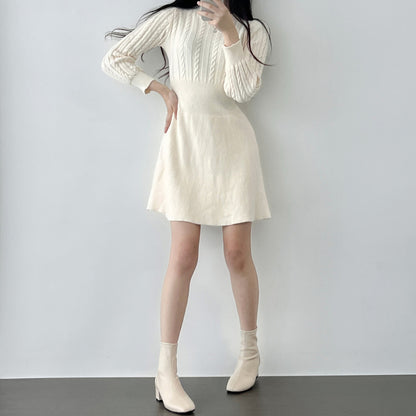 Round Neck Cable Knit Waist-Tie A-Line Dress