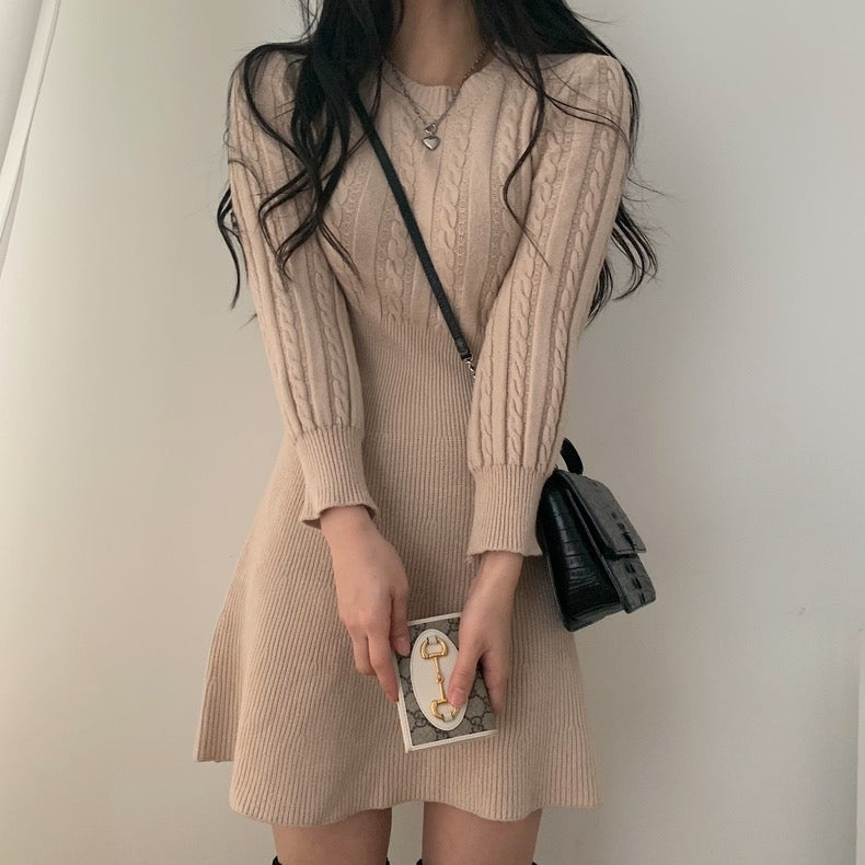 Round Neck Cable Knit Waist-Tie A-Line Dress