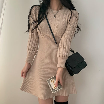 Round Neck Cable Knit Waist-Tie A-Line Dress