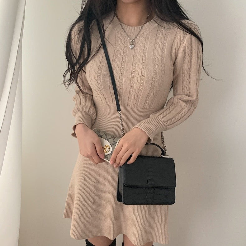 Round Neck Cable Knit Waist-Tie A-Line Dress