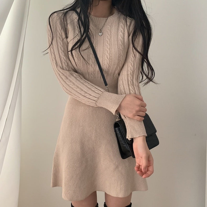 Round Neck Cable Knit Waist-Tie A-Line Dress