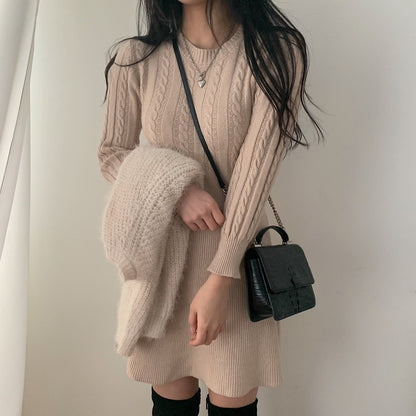 Round Neck Cable Knit Waist-Tie A-Line Dress