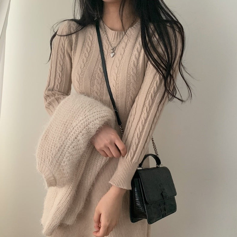 Round Neck Cable Knit Waist-Tie A-Line Dress