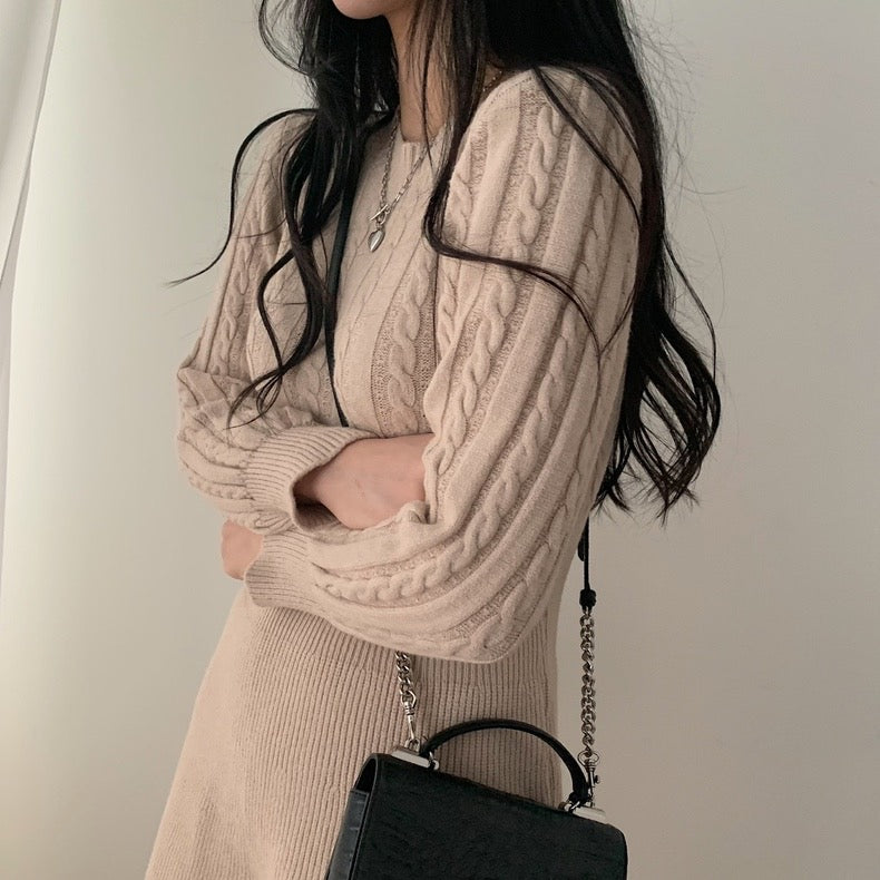 Round Neck Cable Knit Waist-Tie A-Line Dress
