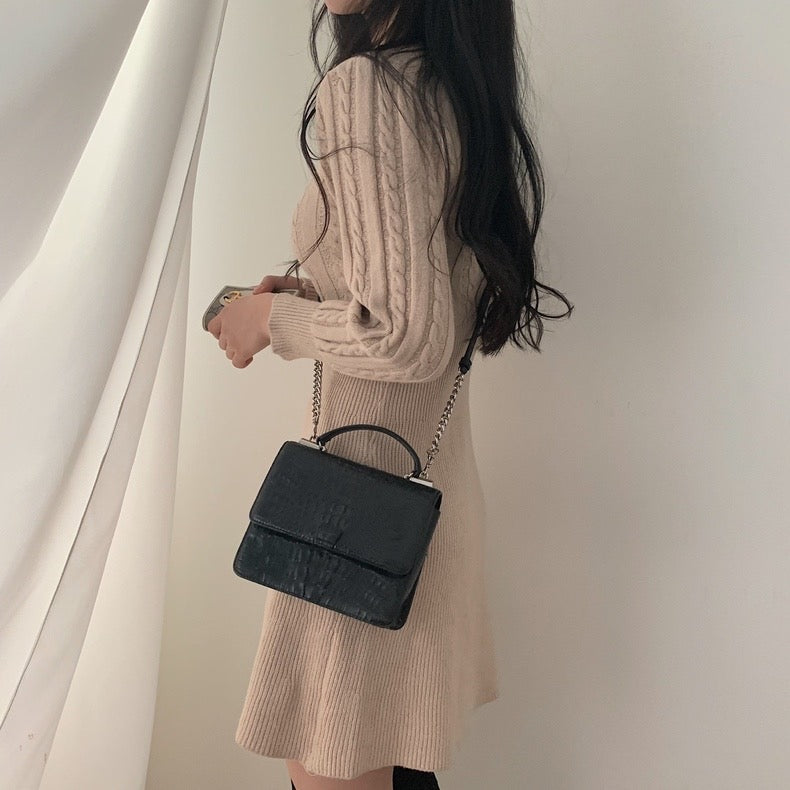Round Neck Cable Knit Waist-Tie A-Line Dress
