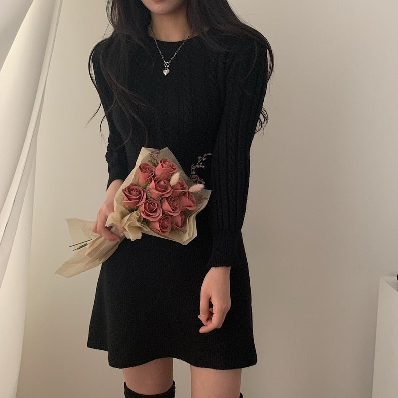 Round Neck Cable Knit Waist-Tie A-Line Dress