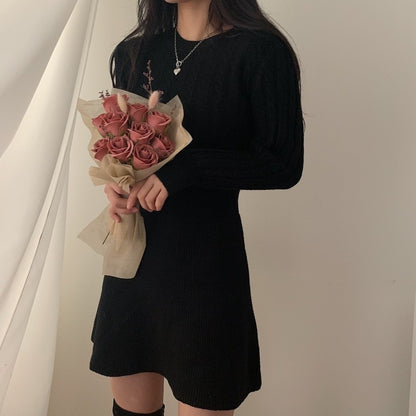 Round Neck Cable Knit Waist-Tie A-Line Dress