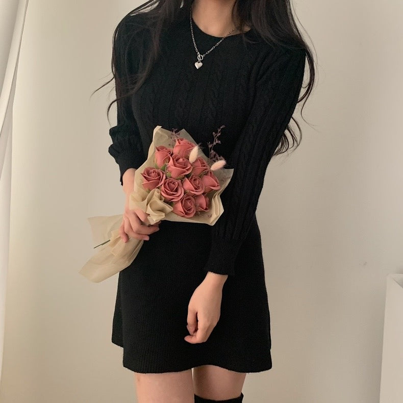 Round Neck Cable Knit Waist-Tie A-Line Dress