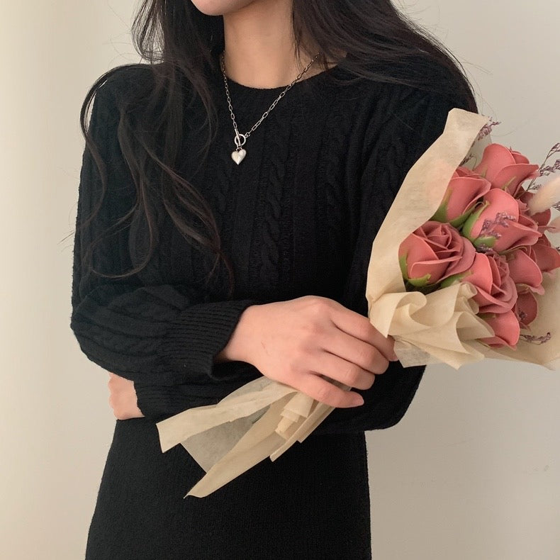 Round Neck Cable Knit Waist-Tie A-Line Dress