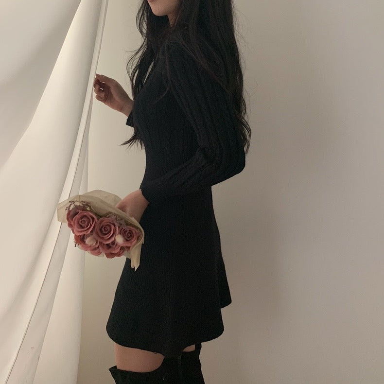 Round Neck Cable Knit Waist-Tie A-Line Dress