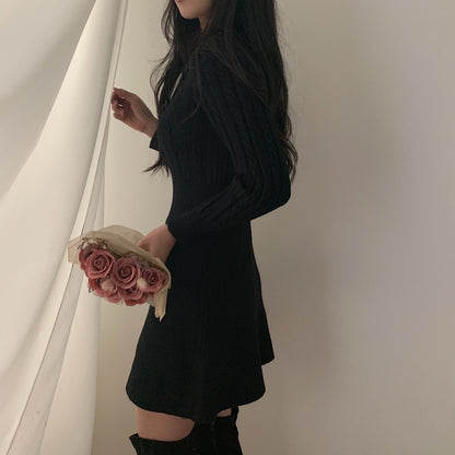 Round Neck Cable Knit Waist-Tie A-Line Dress