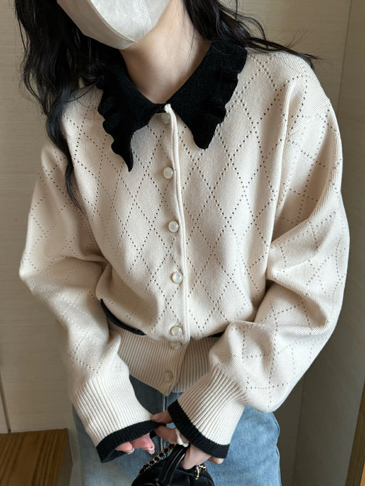 撞色菱格小香風開衫