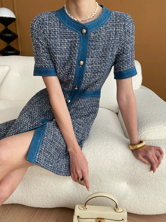 牛仔粗花呢小香風連身裙