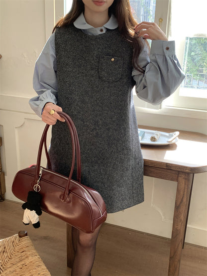 Loose Puff Sleeve Blouse + Wool Vest Dress Set