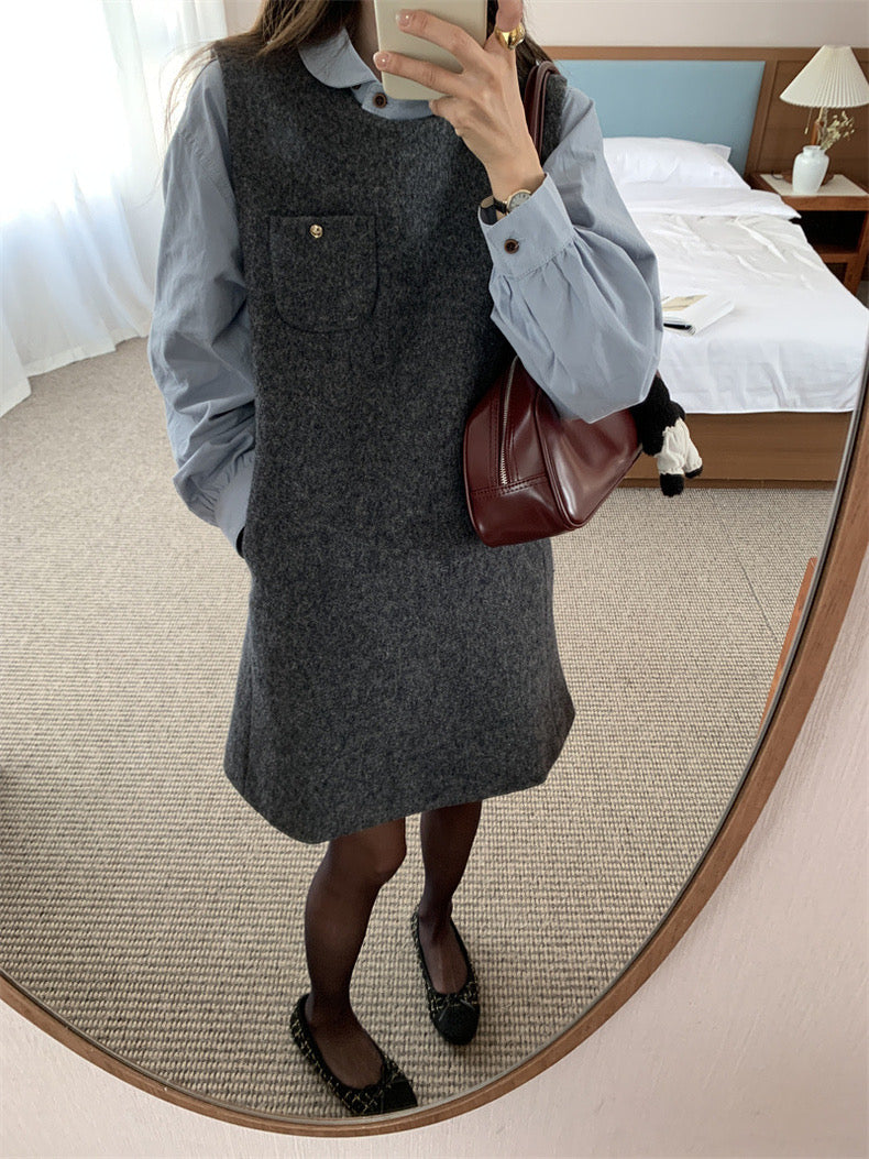 Loose Puff Sleeve Blouse + Wool Vest Dress Set