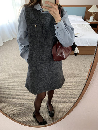 Loose Puff Sleeve Blouse + Wool Vest Dress Set