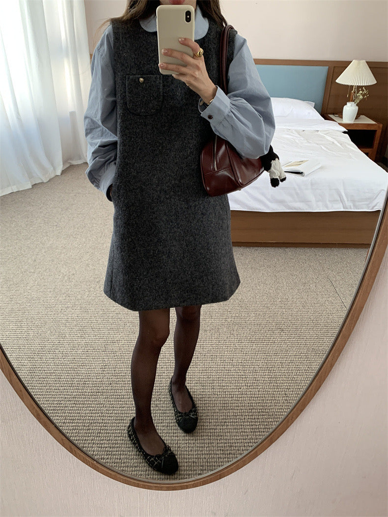 Loose Puff Sleeve Blouse + Wool Vest Dress Set