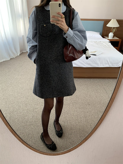 Loose Puff Sleeve Blouse + Wool Vest Dress Set