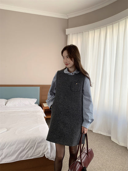Loose Puff Sleeve Blouse + Wool Vest Dress Set