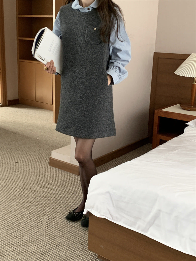 Loose Puff Sleeve Blouse + Wool Vest Dress Set