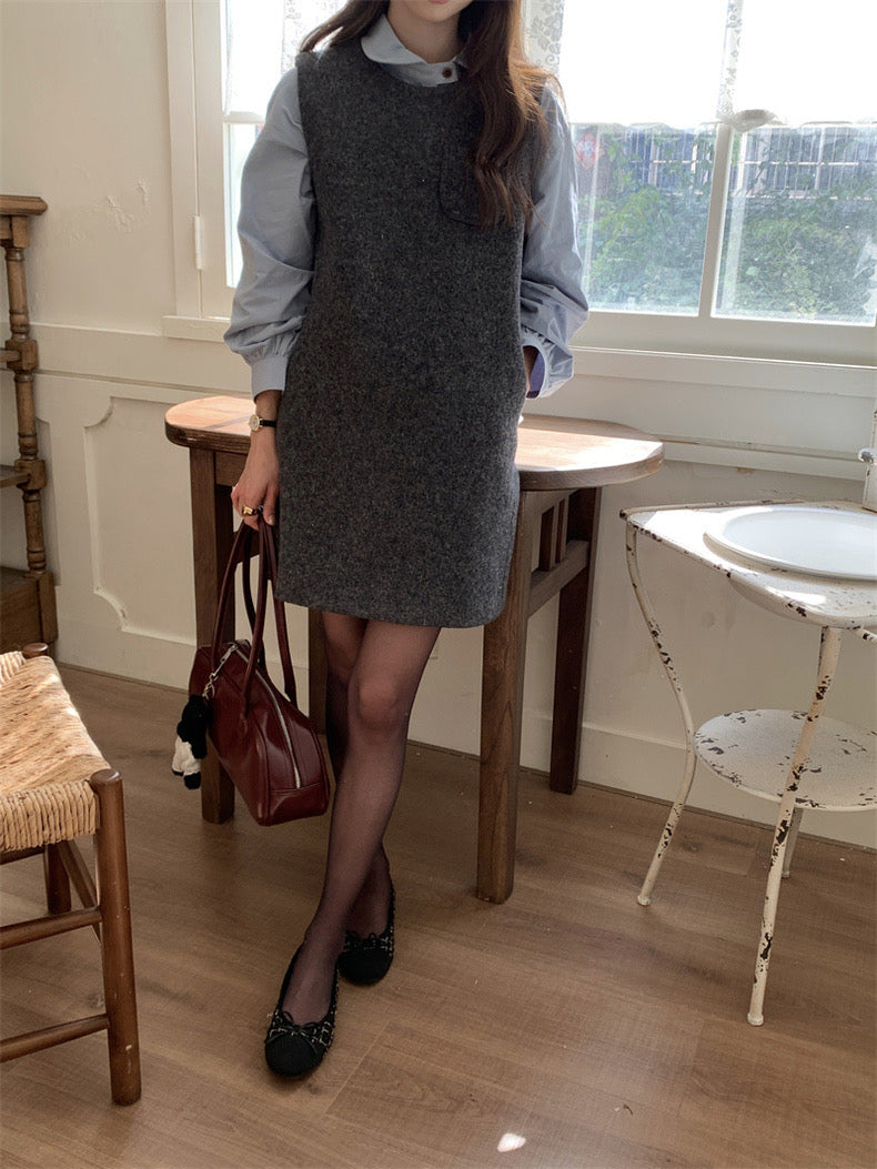 Loose Puff Sleeve Blouse + Wool Vest Dress Set