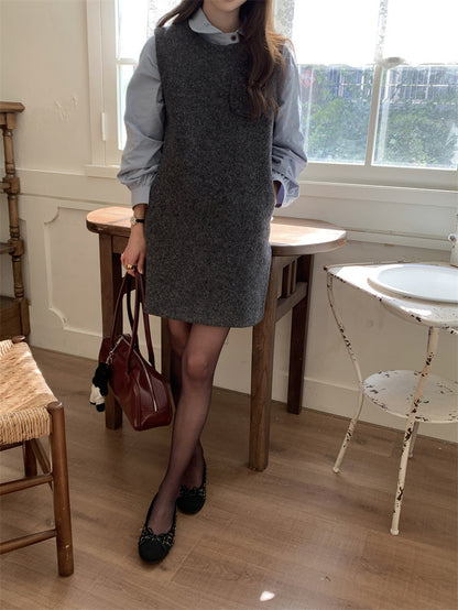 Loose Puff Sleeve Blouse + Wool Vest Dress Set