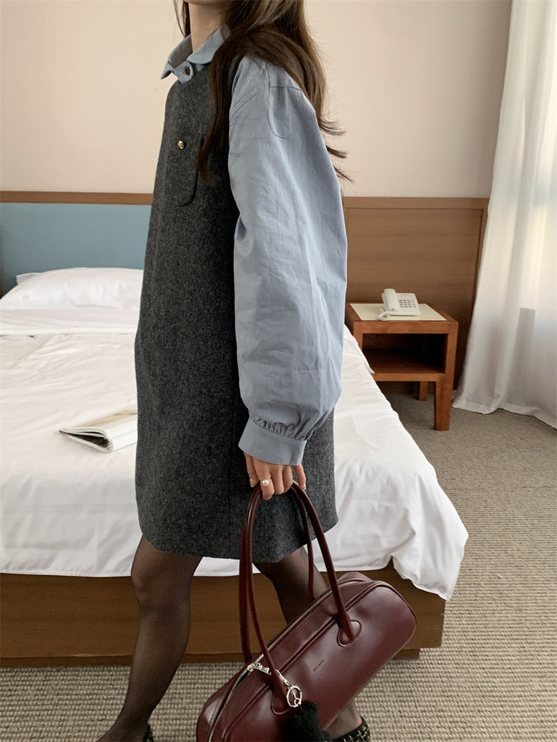 Loose Puff Sleeve Blouse + Wool Vest Dress Set