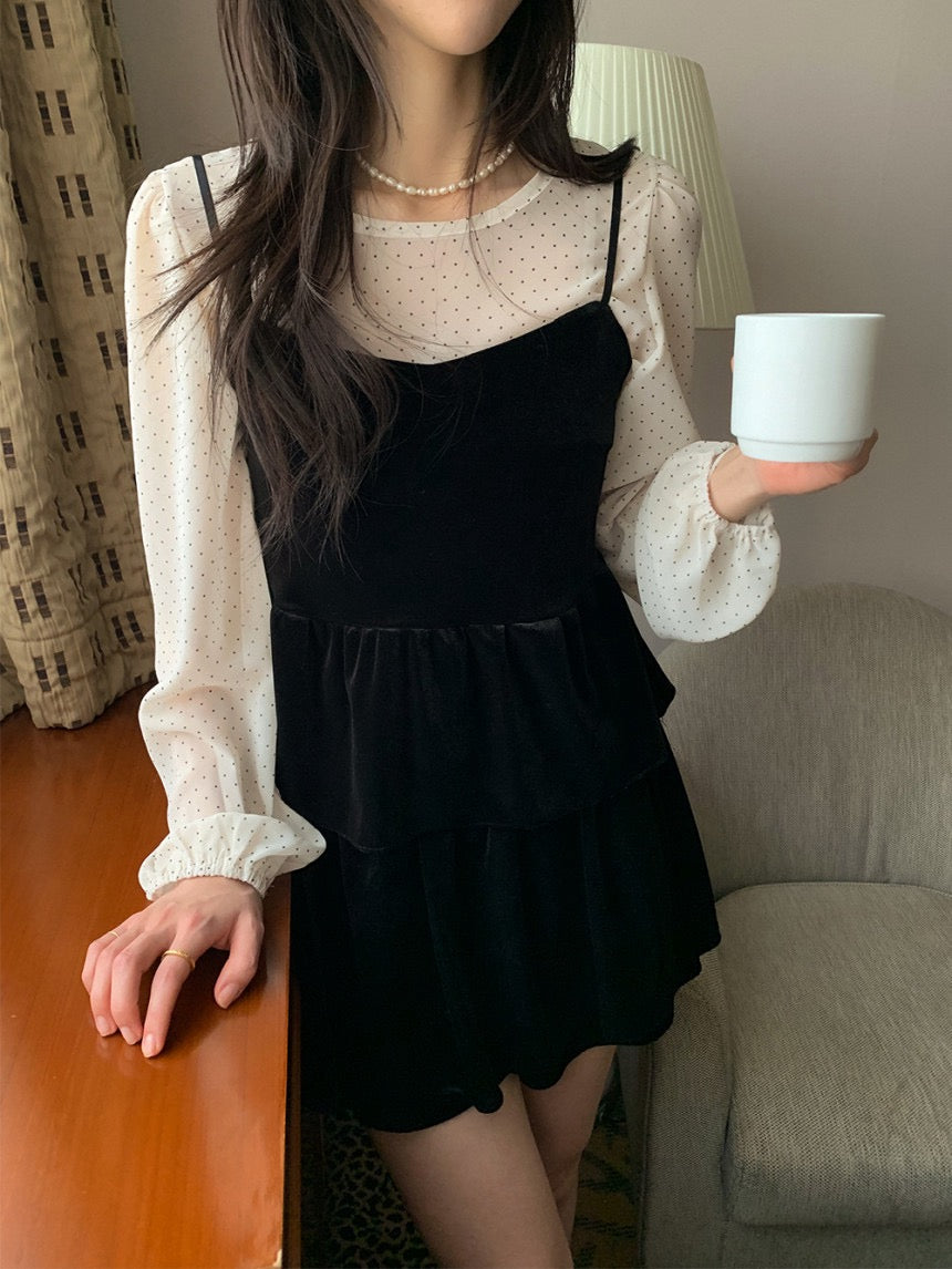 絲絨吊帶+波點雪紡top