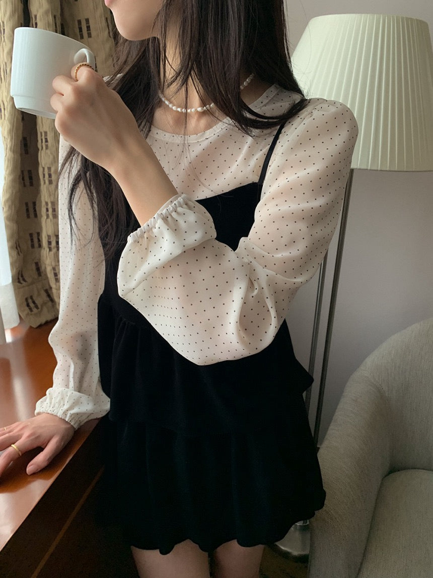 絲絨吊帶+波點雪紡top
