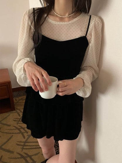 絲絨吊帶+波點雪紡top