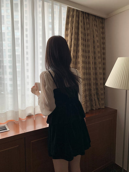 絲絨吊帶+波點雪紡top