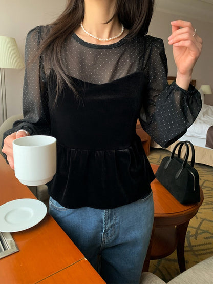 絲絨吊帶+波點雪紡top