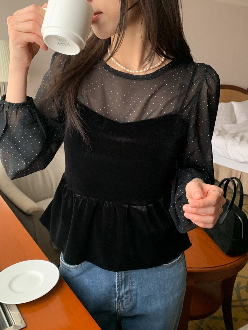 絲絨吊帶+波點雪紡top