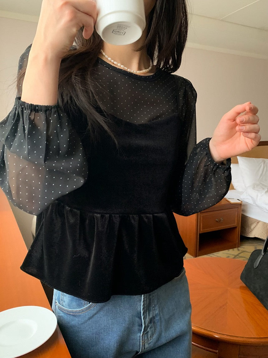 絲絨吊帶+波點雪紡top