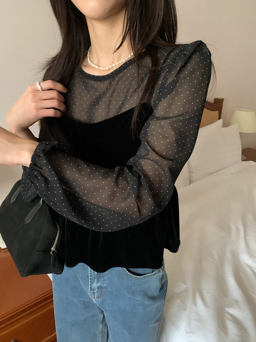 絲絨吊帶+波點雪紡top