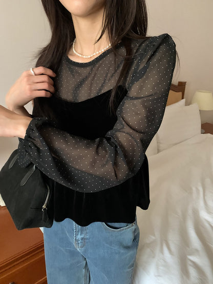 絲絨吊帶+波點雪紡top