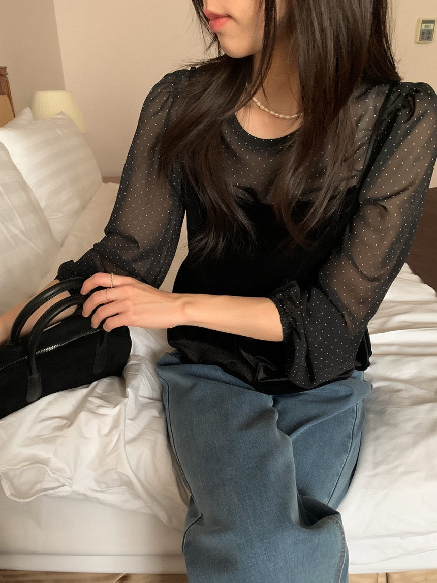 絲絨吊帶+波點雪紡top