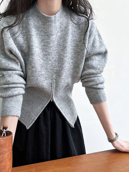Crew Neck Zipper Design Sweater