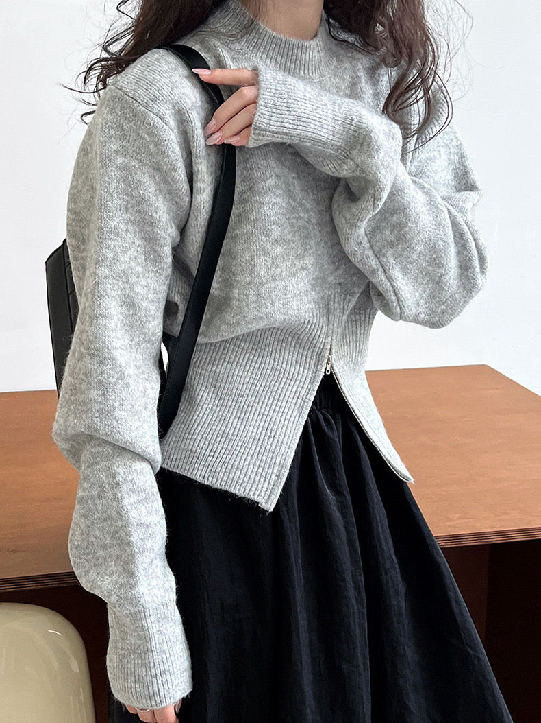 Crew Neck Zipper Design Sweater